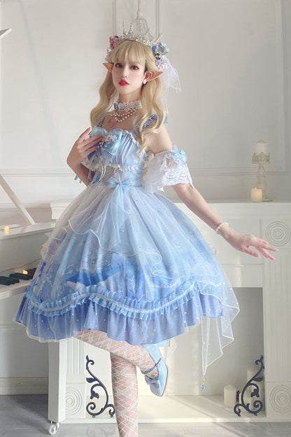 Blue Whale In The Ocean Print Bowknot Princess Multi-Layer Ruffled Sweet Lolita JSK Dress