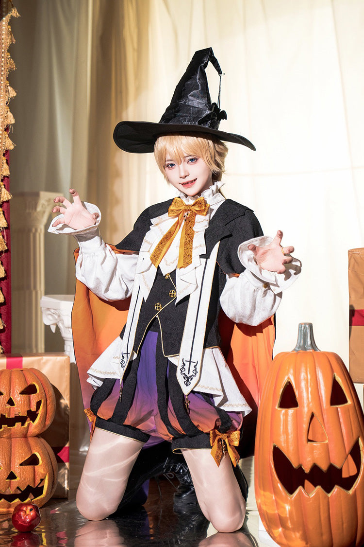 Black/Brown [Little Devil] Stand Collar Long Sleeves Gradient Print Ruffle Bowknot Gothic Prince Ouji Lolita Set