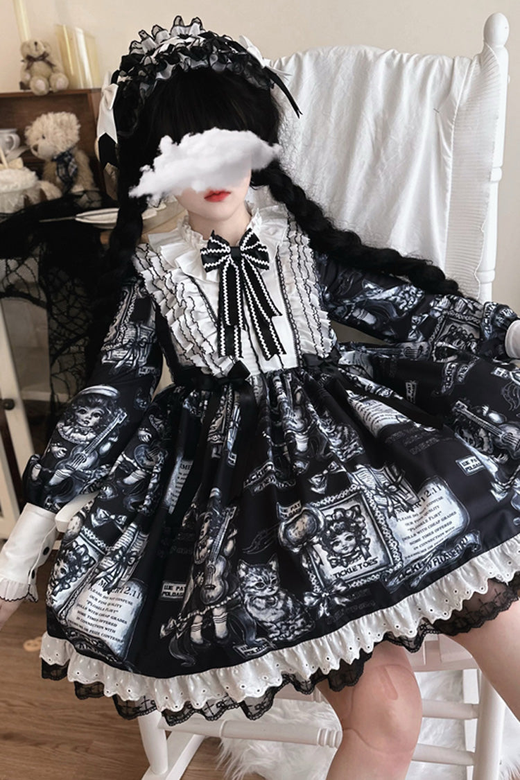 Black [Antique Cat] Print Long Sleeves Ruffle Bowknot Gothic Princess Lolita Dress