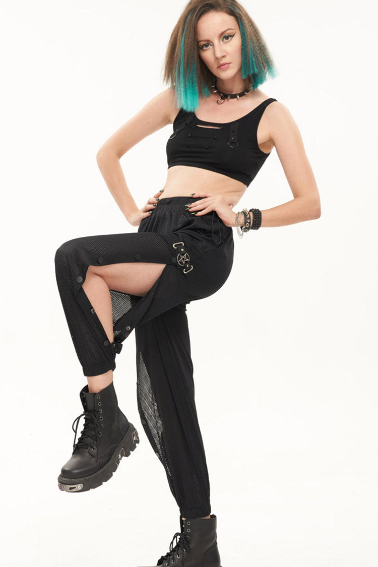 Black Punk Sports Style Metal Five-Star Decoration Trouser Leg Button Detachable Women's Long Pants