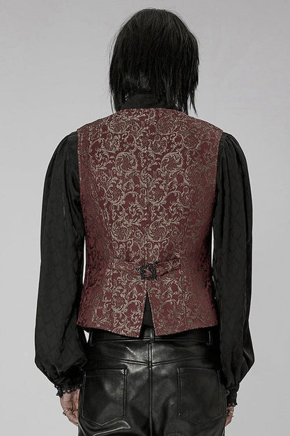 Red Punk Gorgeous V Neck Asymmetrical Relief Sculpture Jacquard Double Row Hand Seam Button Men's Vest