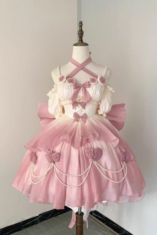 Gradient Pink Hanayome Hollow Bowknot Sweet Princess Lolita Dress