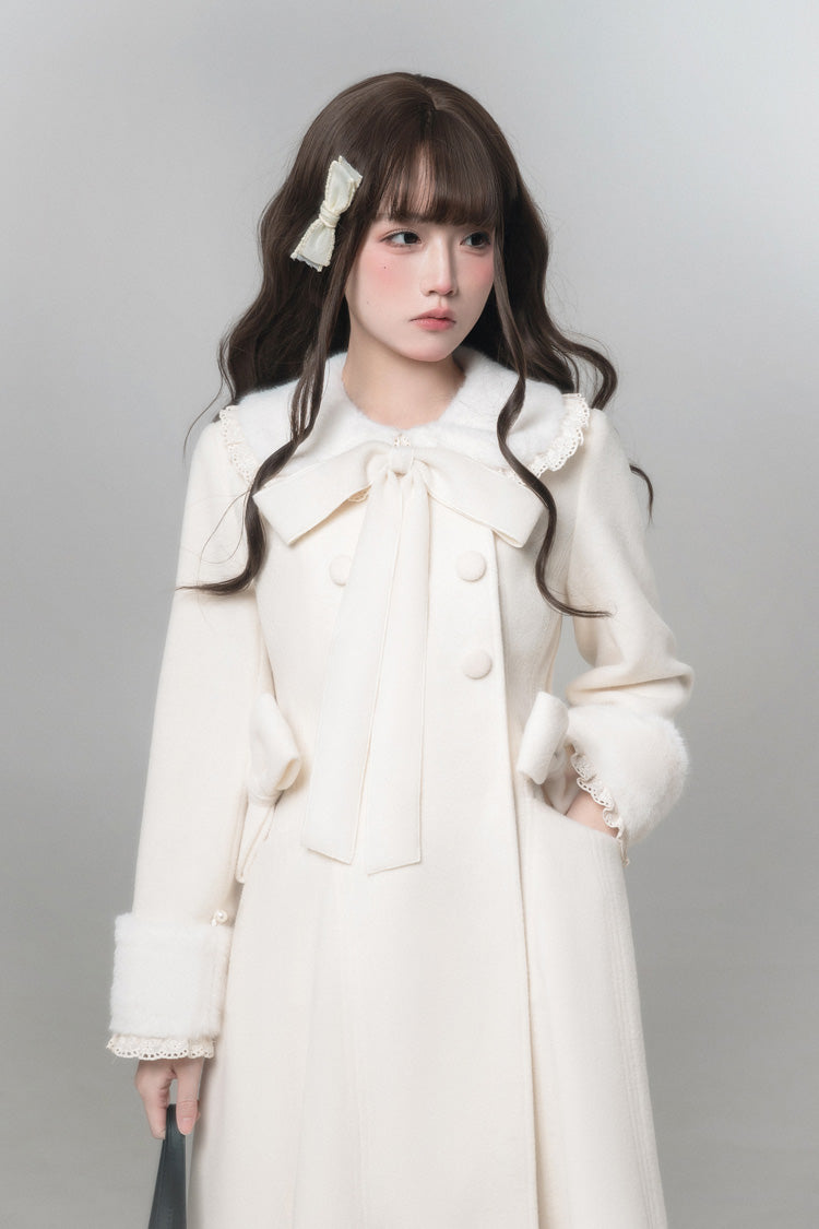 White [First Snow] Doll Collar Long Sleeves Bow Sweet Lolita Coat