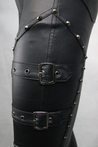 Black Sexy rivets coarse grain leather adjusted loops skinny Womens Pants