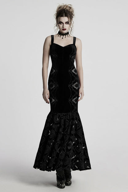 Black Sleeveless Floral Embroidery Women's Gothic Fishtail Slip Dress