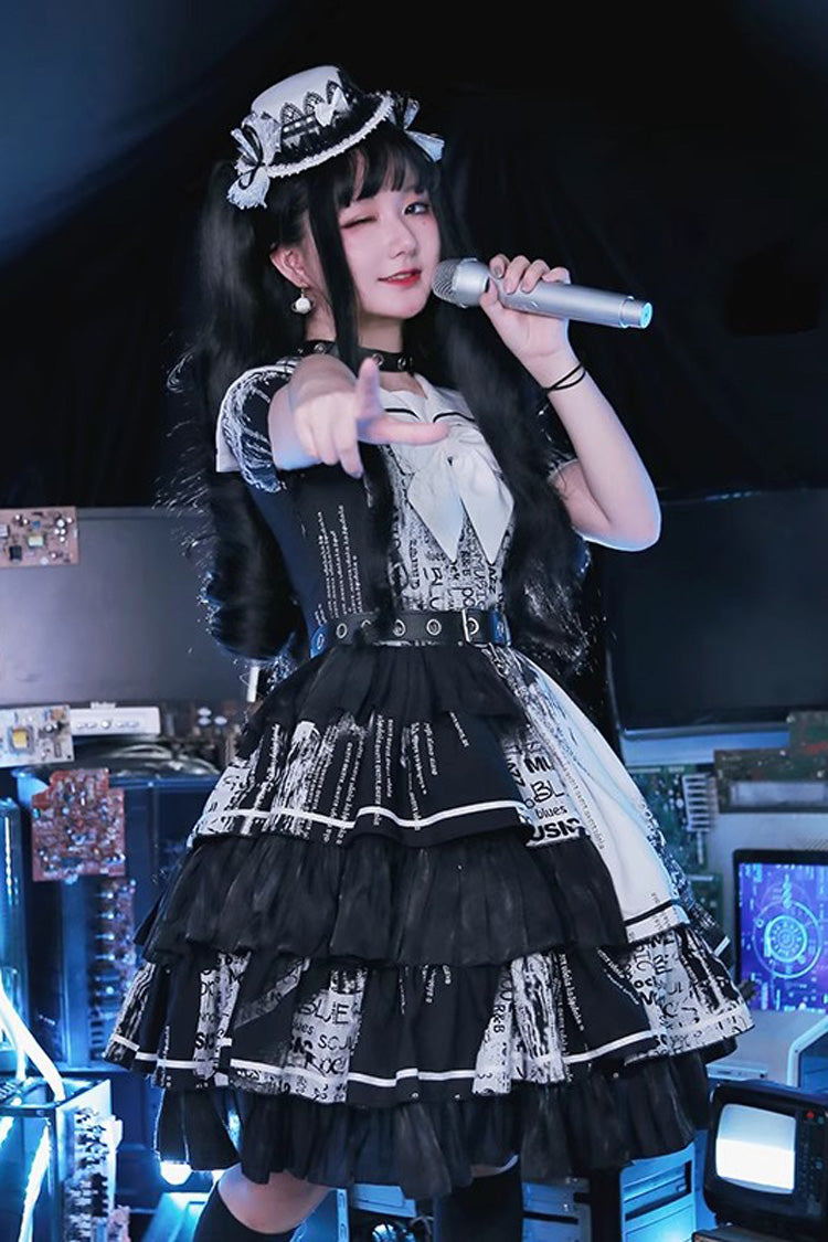 Black Short Sleeves Multi-Layered Print Ruffle Bowknot Asymmetric Punk College Style Lolita Dress