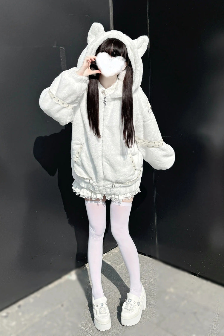 [Night Hunter] Cat Ear Long Sleeves Hooded Zippered Jirai Kei Coat 2 Colors