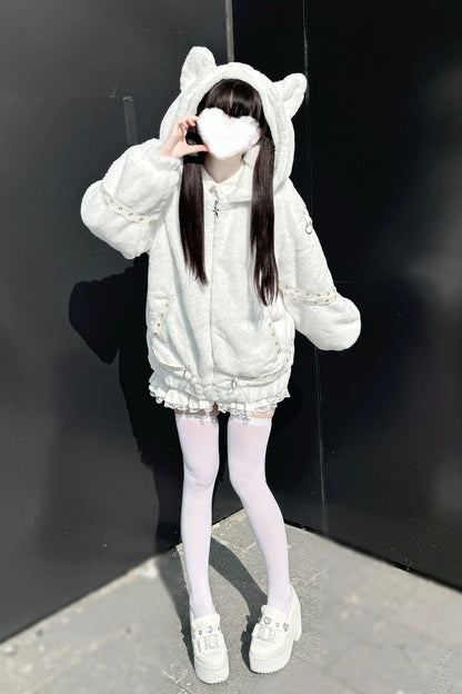 [Night Hunter] Cat Ear Long Sleeves Hooded Zippered Jirai Kei Coat 2 Colors