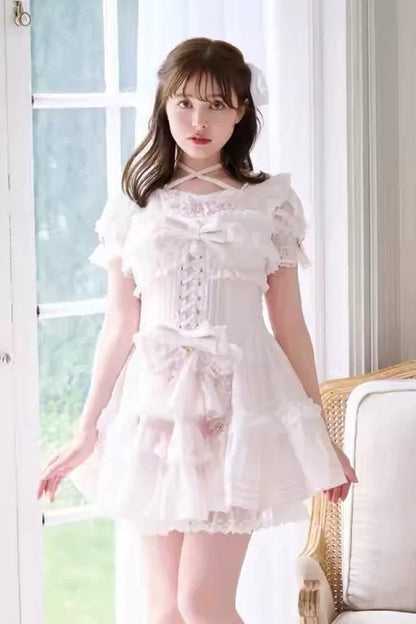 Jirai Kei Short Sleeves Triple-Layered Printed Ruffled Bow Lace-Up Sweet Japanese Dress Set 3 Colors