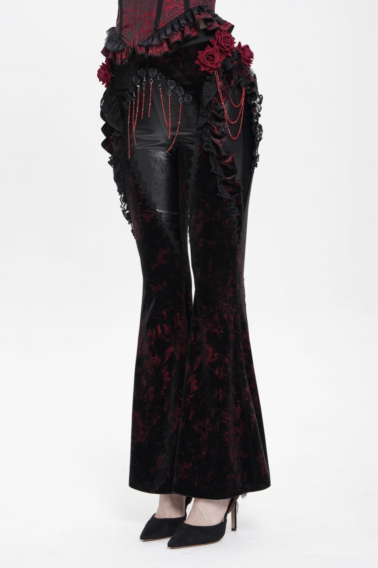 Black/Red  Ruffled Spliced Women's Gothic Floral Faux Leather&Velvet Ruffle Pants