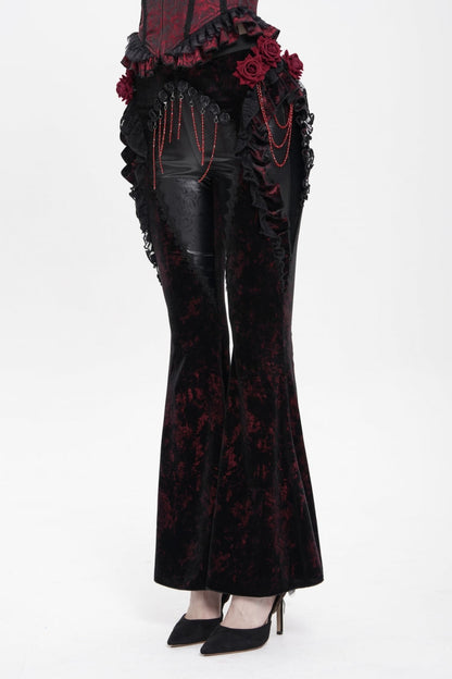 Black/Red  Ruffled Spliced Women's Gothic Floral Faux Leather&Velvet Ruffle Pants