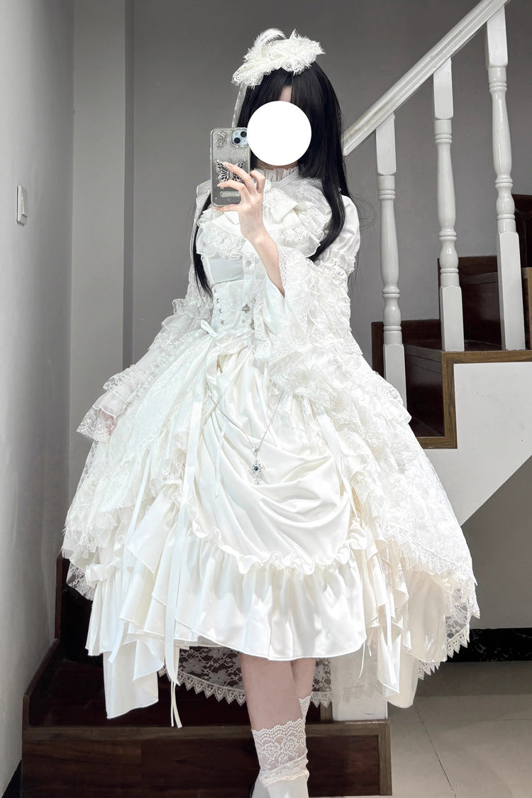 White [Eternal Taboo] Long Hime Sleeves Ruffled Bow Gothic Lolita Skirt Dress Set