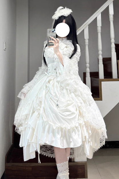 White [Eternal Taboo] Long Hime Sleeves Ruffled Bow Gothic Lolita Skirt Dress Set