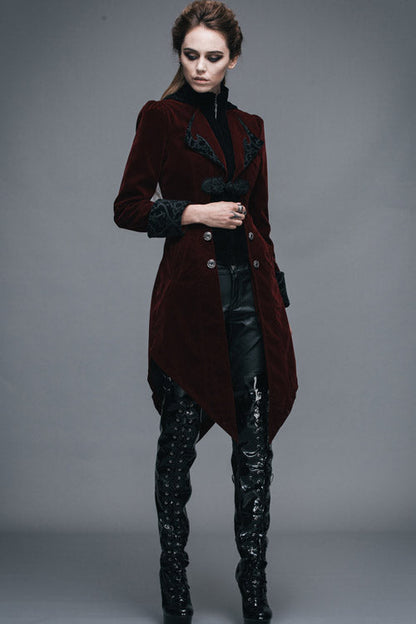 Red Embroidered High Collar Party Womens Gothic Coat