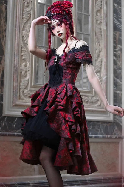 Black/Red Feast in Hades Short Sleeves Print Ruffle Cardigan Gothic Lolita Dress