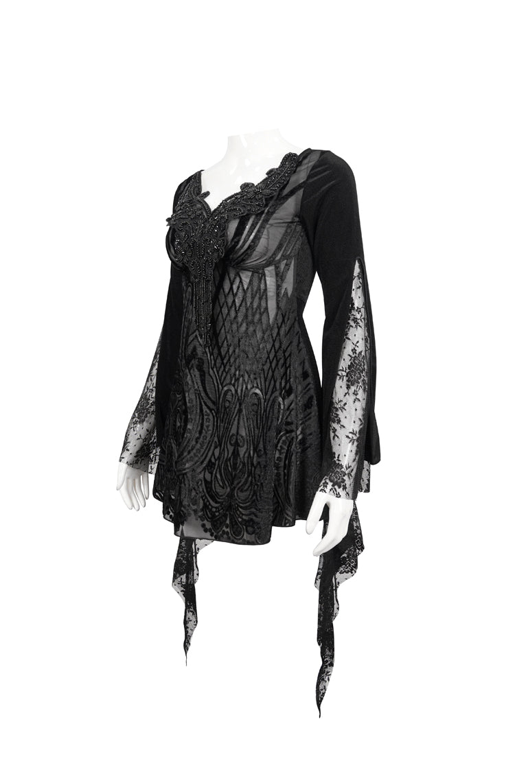 Black V-Neck Beading Lace Flared Cuffs Floral Hip Covered Long Sleeves Women's Gothic T-Shirt