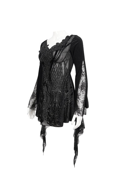 Black V-Neck Beading Lace Flared Cuffs Floral Hip Covered Long Sleeves Women's Gothic T-Shirt
