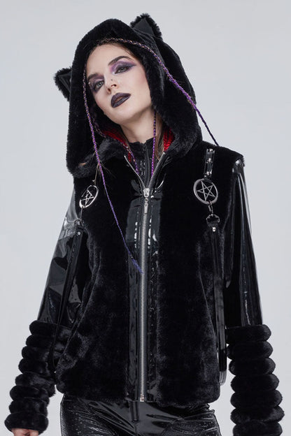 Black Punk Cuff Pleated Design Metal Five-Pointed Star Shape Belt Decoration Cat Ear Women's Coat