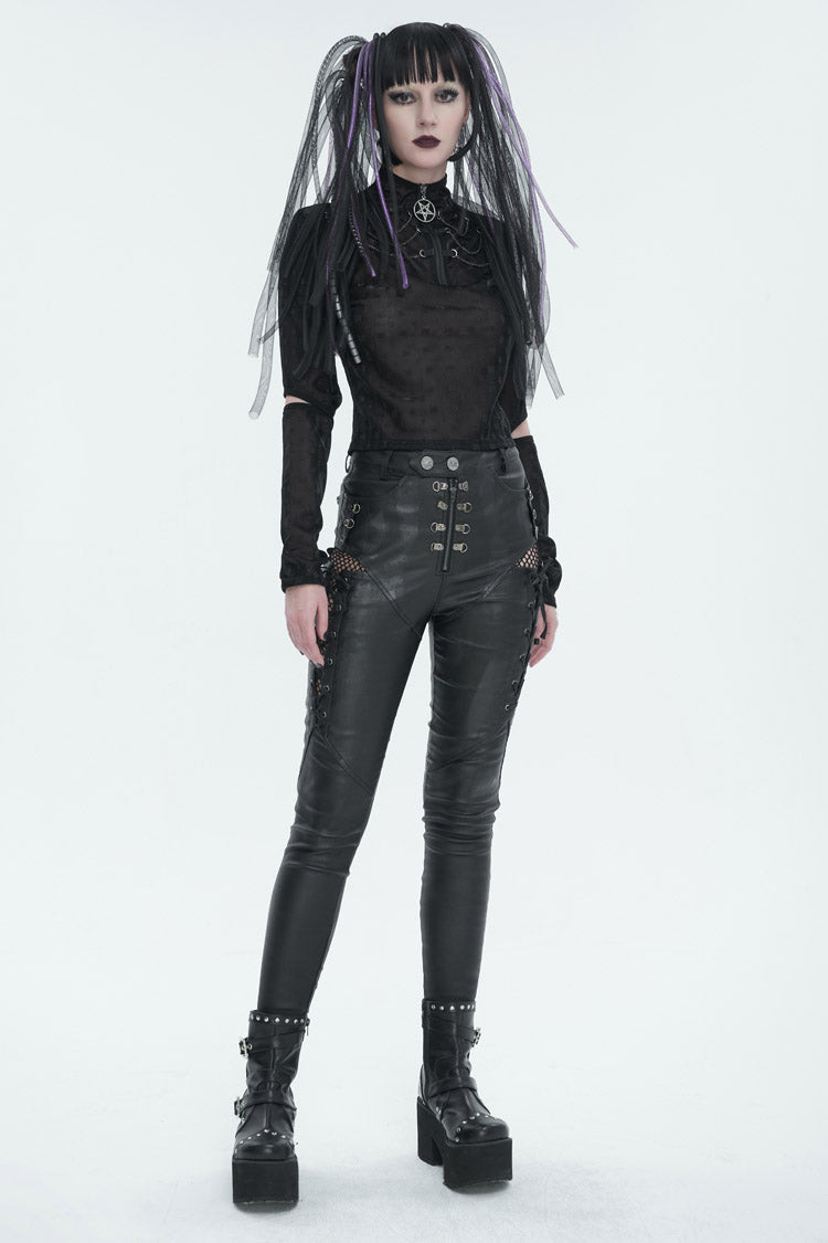 Black Stretch Faux Leather Paneled Mesh Women's Punk Trousers