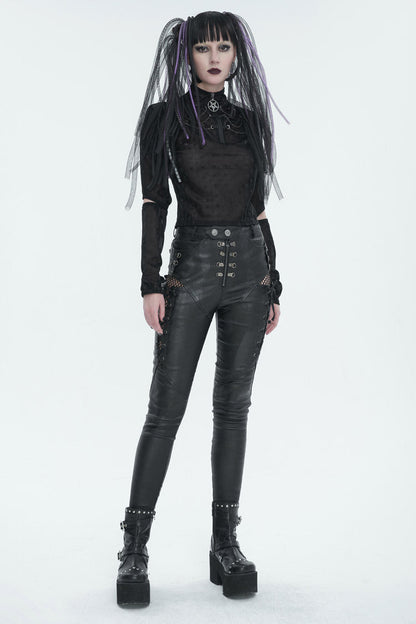 Black Stretch Faux Leather Paneled Mesh Women's Punk Trousers