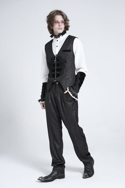 Black Sleeveless Floral Embroidery Stitching Velvet Men's Gothic Vest