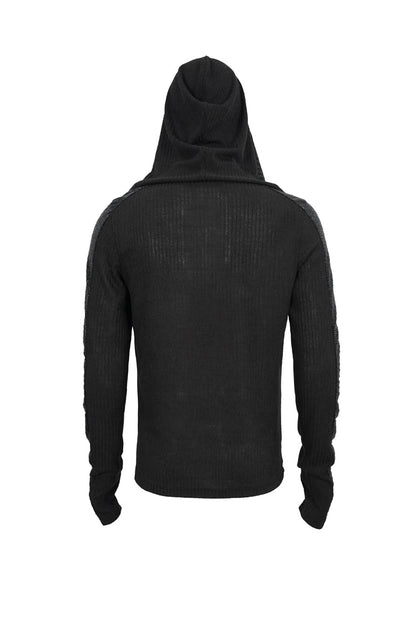 Black Trendy Dark Tether V-Neck Panel Knit Hooded Men's Punk T-Shirt