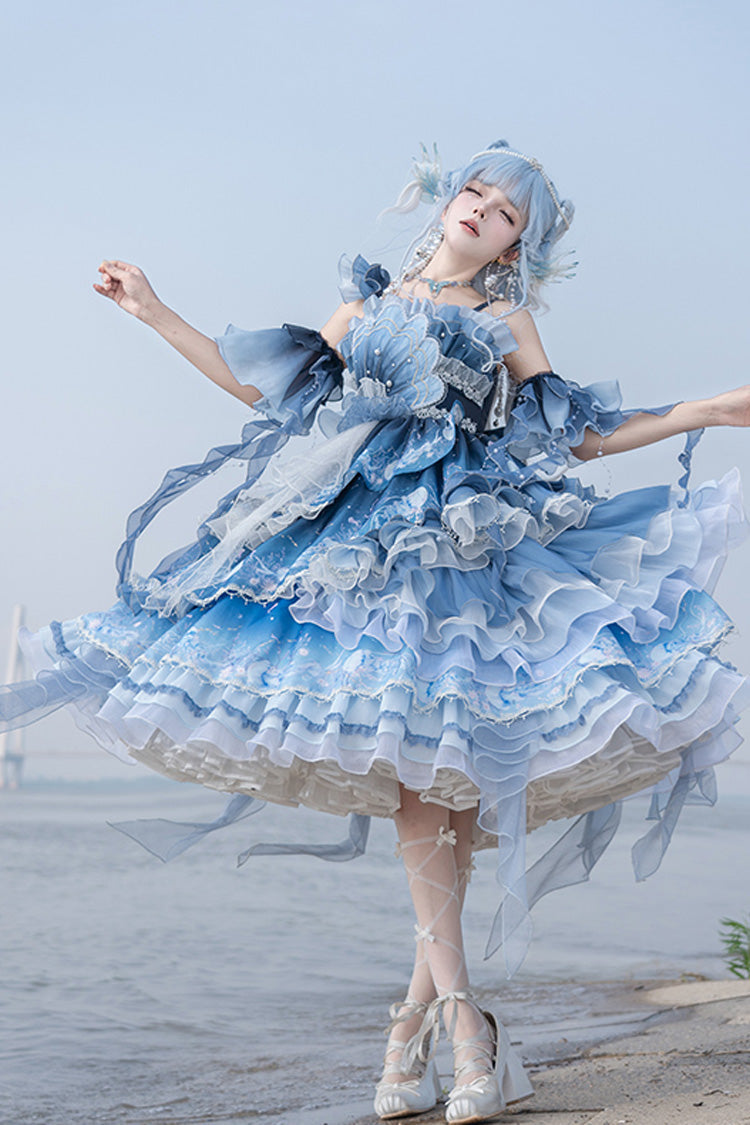 Blue [Jellyfish] Gradient Print Ruffle Embroidery Bowknot Lace Asymmetric Sweet Elegant Lolita Jsk Dress
