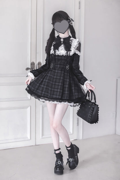 Black [Angel Heartbeat] Long Sleeves Plaid Print Ruffle Bowknot Lace Sweet Jirai Kei Japanese Dress