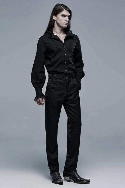Black Stand Collar Long Sleeves Metal Button Lace Mens Gothic Blouse