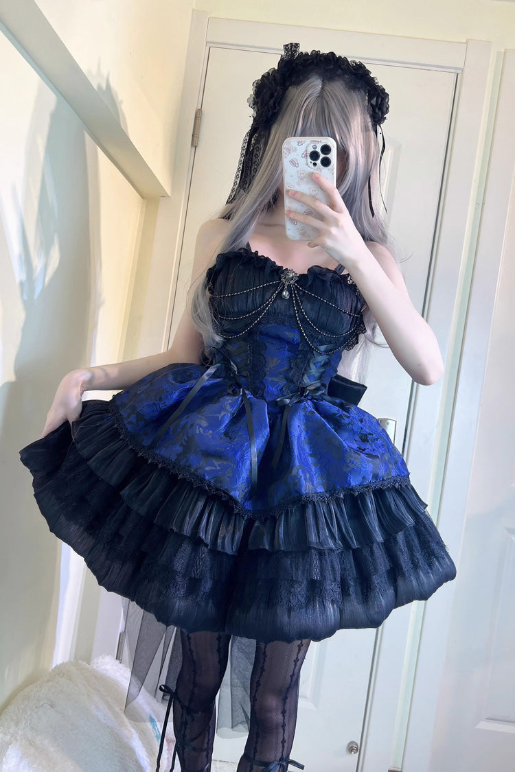 Black/Blue Ancient Dream of the Dark Night Print Ruffle Gothic Lolita Jsk Dress