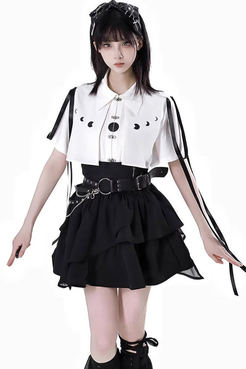 White/Black [Moonlight Flowing] Long/Short Sleeves Ruffled Asymmetric Gothic Jirai Kei Skirt Set