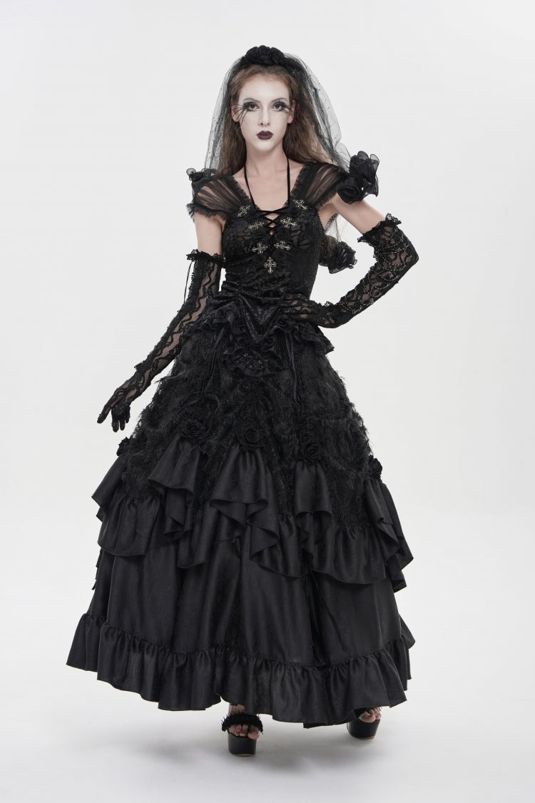 Black V Collar Short Sleeves Embroidered Lace Lace-Up Slim Women's Gothic Top