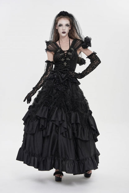 Black V Collar Short Sleeves Embroidered Lace Lace-Up Slim Women's Gothic Top