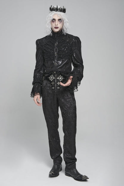 Black Stand Collar Long Puff Sleeves Embroidery Stitching Lace Men's Gothic Blouse