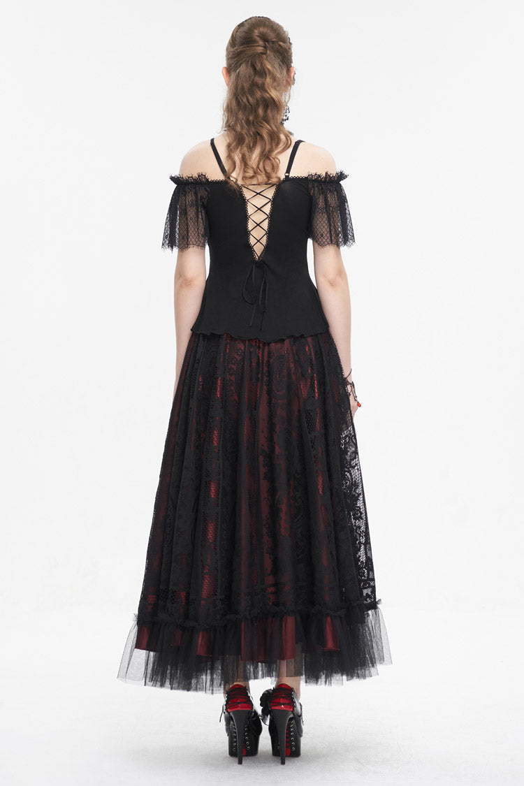Black/Red Off Shoulder Lace Round Collar Splice Women's Gothic Shirt