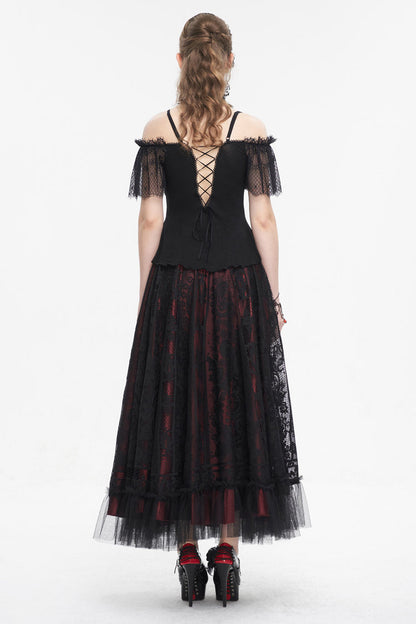 Black/Red Off Shoulder Lace Round Collar Splice Women's Gothic Shirt