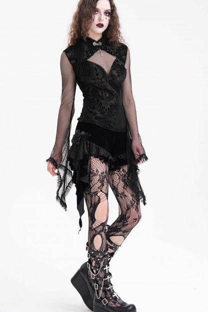Black Stand Collar Hollow Embroidery Lace Women's Gothic Blouse