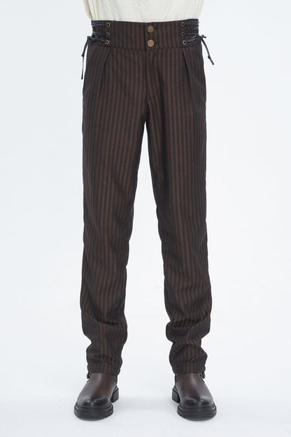 Brown High Waisted Lace-Up Striped Men's Gothic Pants