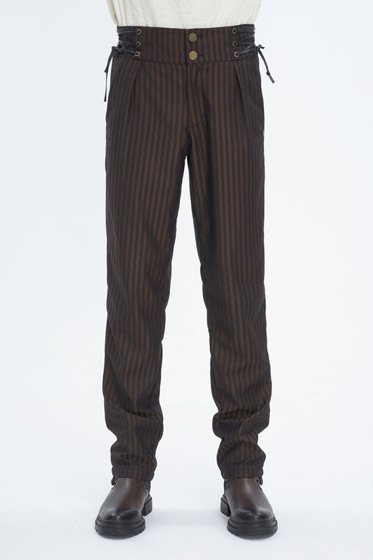 Brown High Waisted Lace-Up Striped Men's Gothic Pants