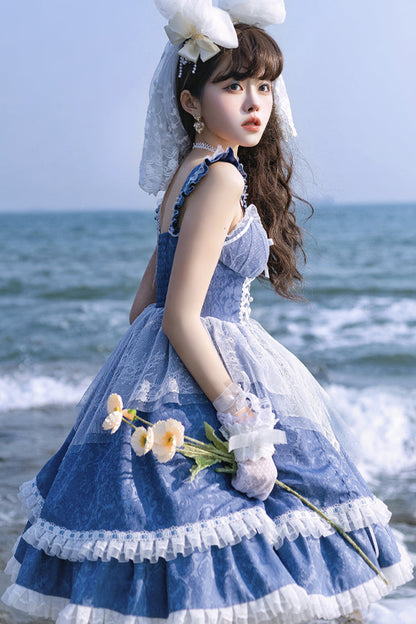 Blue Landing Drawstring Pull Up Hem Elegant Sweet Lolita Dress