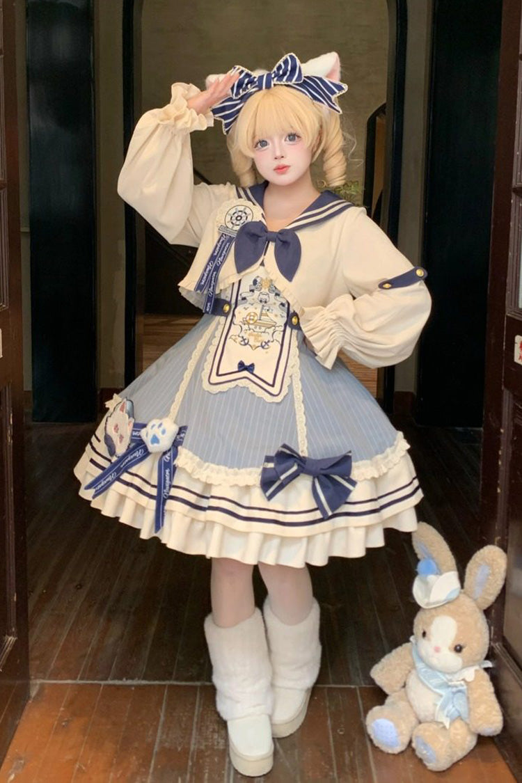 Blue/Ivory [Ride the Wind and Waves] Double-Layered Printed Ruffled Bow Lace Sweet Lolita Jsk Dress Set (Coat Included)