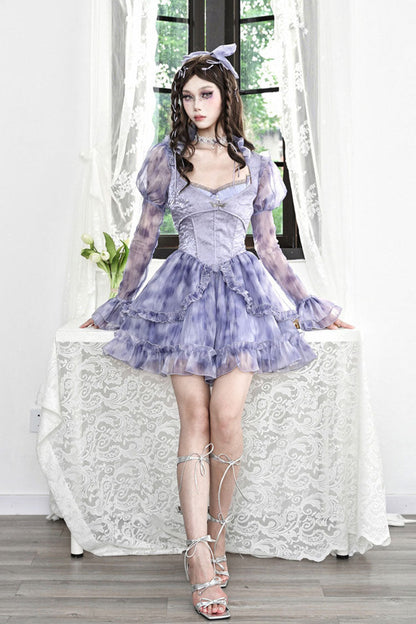 Blue Ruffle Lace Tie-dyed Print Fake Two Pieces Sweet Princess Jsk Dress