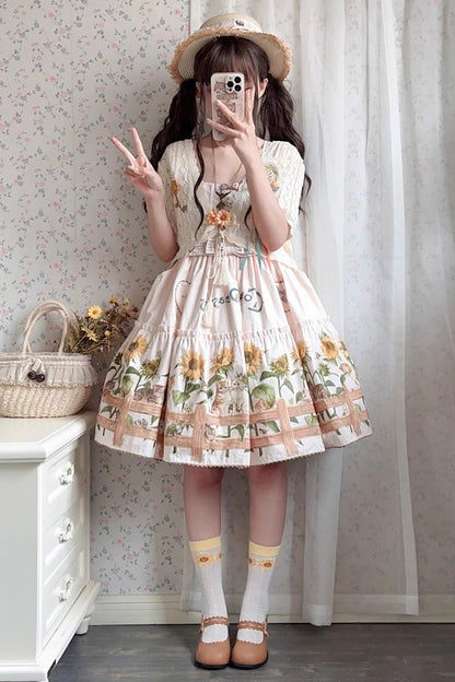 Cat and Sunflower Print Bowknot Sweet Lolita Jsk Dress 2 Colors