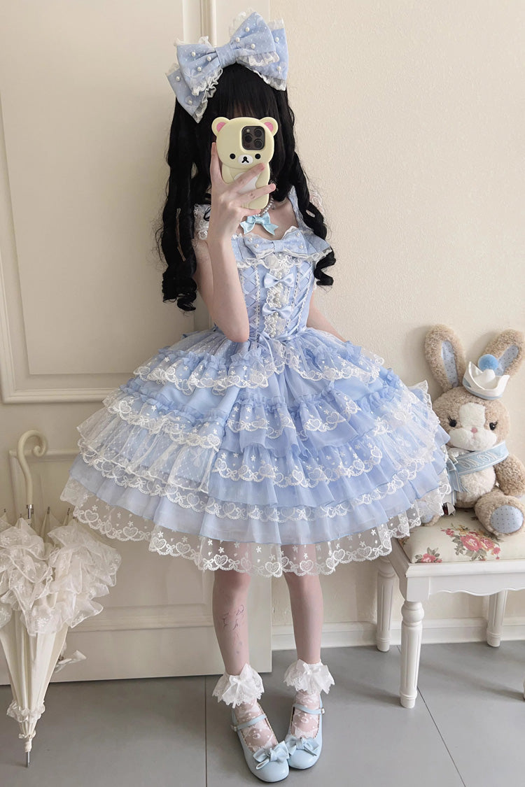Blue [Love Overture] Multi-Layered Ruffle Bowknot Lace Sweet Lolita Jsk Dress