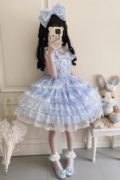 Blue [Love Overture] Multi-Layered Ruffle Bowknot Lace Sweet Lolita Jsk Dress