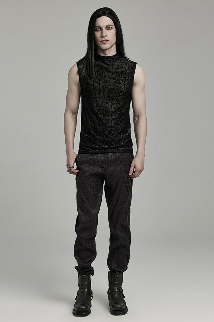 Black Sleeveless Beaded Cross Flocking Print Men's Gothic Tank Top