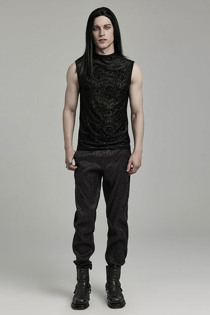 Black Sleeveless Beaded Cross Flocking Print Men's Gothic Tank Top
