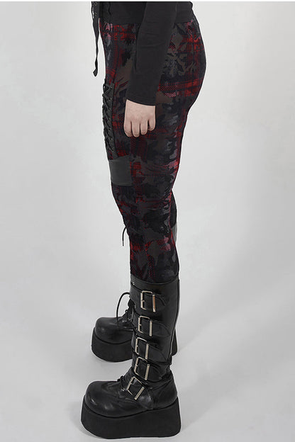 Red Plaid Plus Size Front Splice Imitation Leather Lace-Up Classic Printing Women's Punk Legging