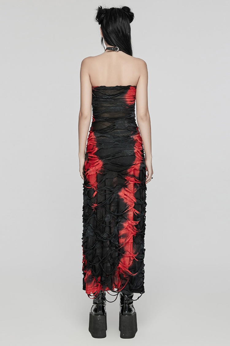 Black/Red Contrast Color Print Ripped Women's Gothic Dress