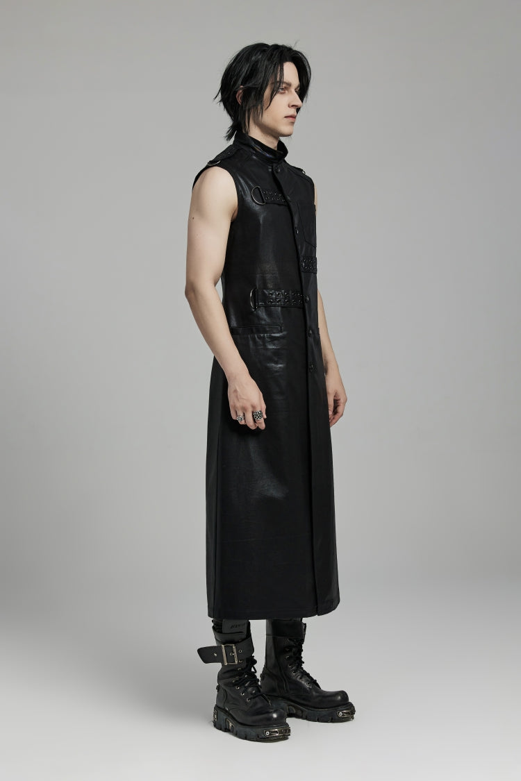 Black Stand Collar Sleeveless Faux Leather Men's Punk Long Vest